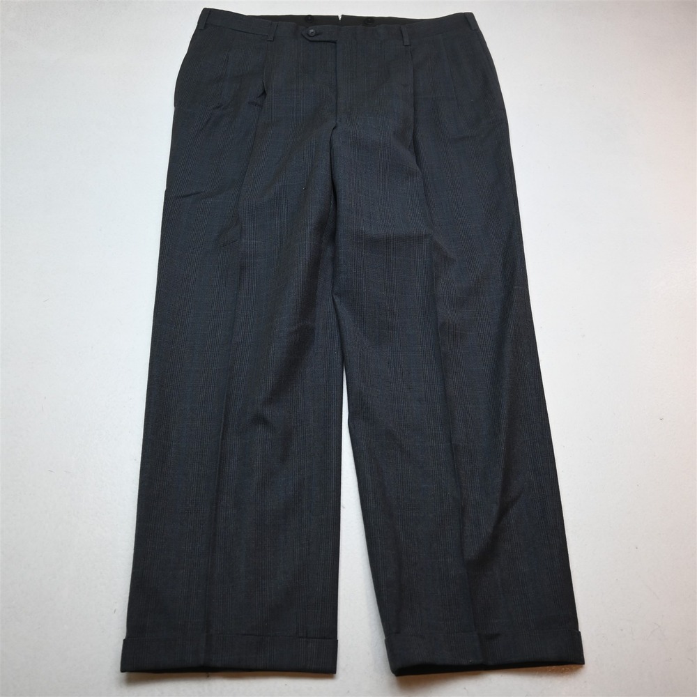 Vtg Bespoke 36x30 Blue Glenn Check Wool Pleated Cuffed Classic Dress Mens‎ Pants